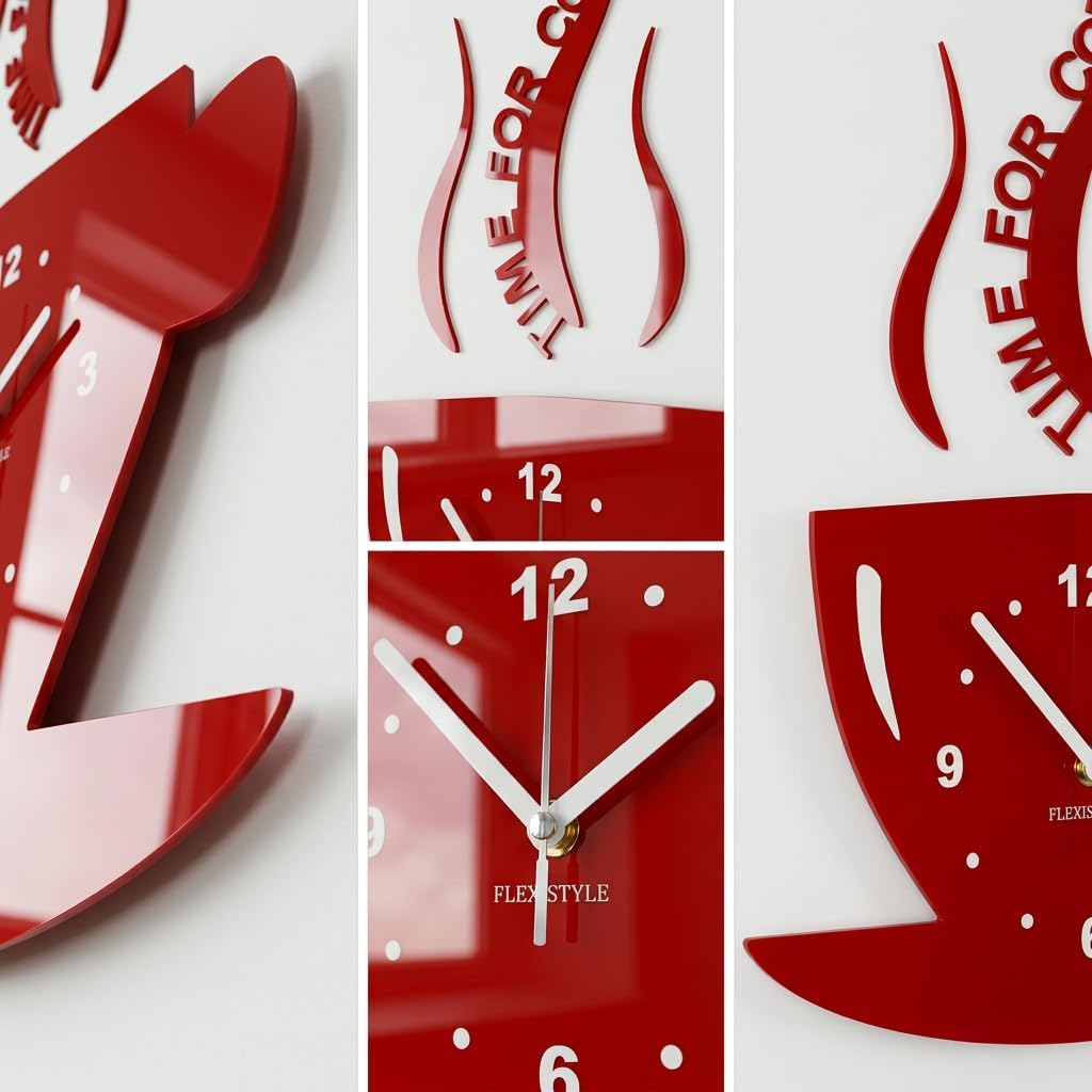 FLEXISTYLE Tasse Time for Coffee (Zeit für Kaffee) Moderne Küche Wanduhr rot, 3D römisch, wanduhr de