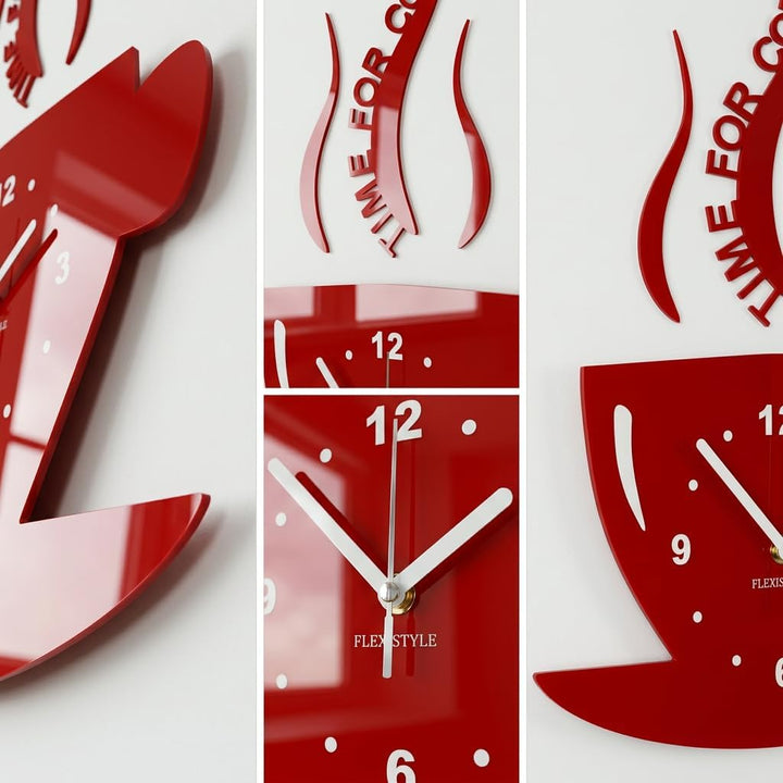 FLEXISTYLE Tasse Time for Coffee (Zeit für Kaffee) Moderne Küche Wanduhr rot, 3D römisch, wanduhr de