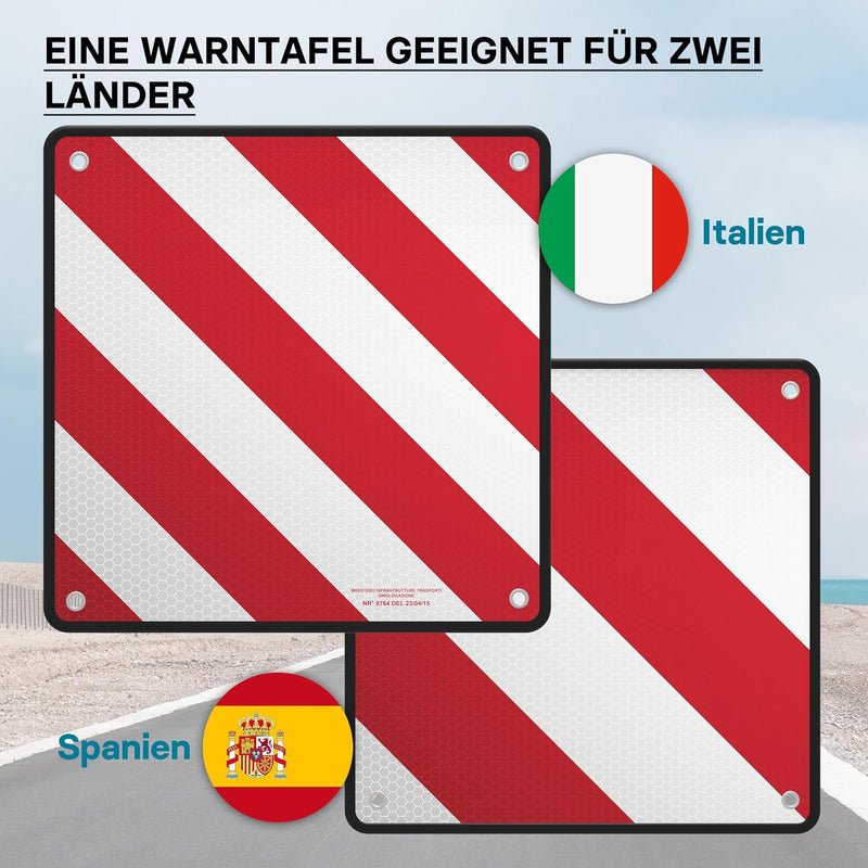 Wiltec 2in1 rot weisse Warntafel Spanien und Italien aus Aluminium mit Befestigungslöchern 500x500 m