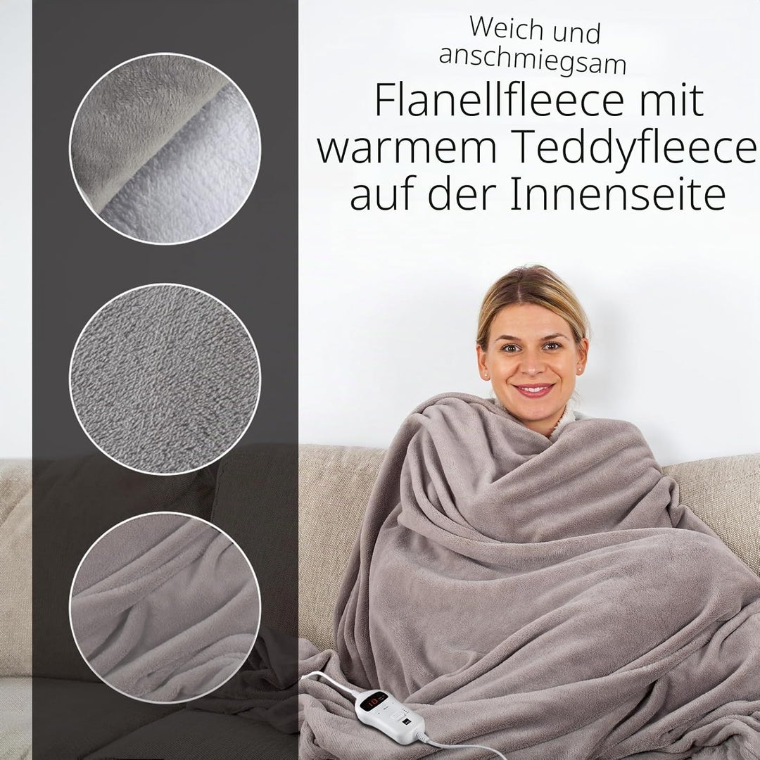 SENSIOHOME Elektrische Luxus-Heizdecke Grau, Flanell-Fleece mit Teddy-Effekt-Innenseite, maschinenwa