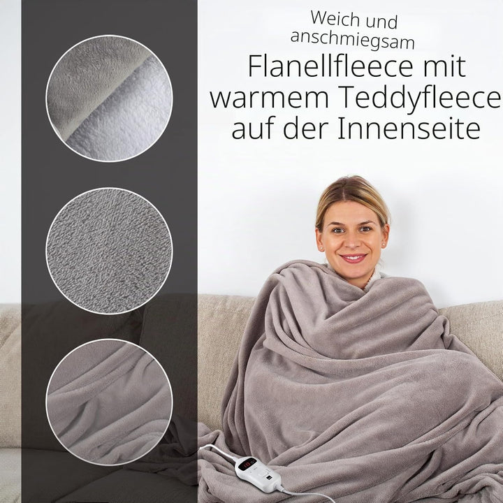 SENSIOHOME Elektrische Luxus-Heizdecke Grau, Flanell-Fleece mit Teddy-Effekt-Innenseite, maschinenwa