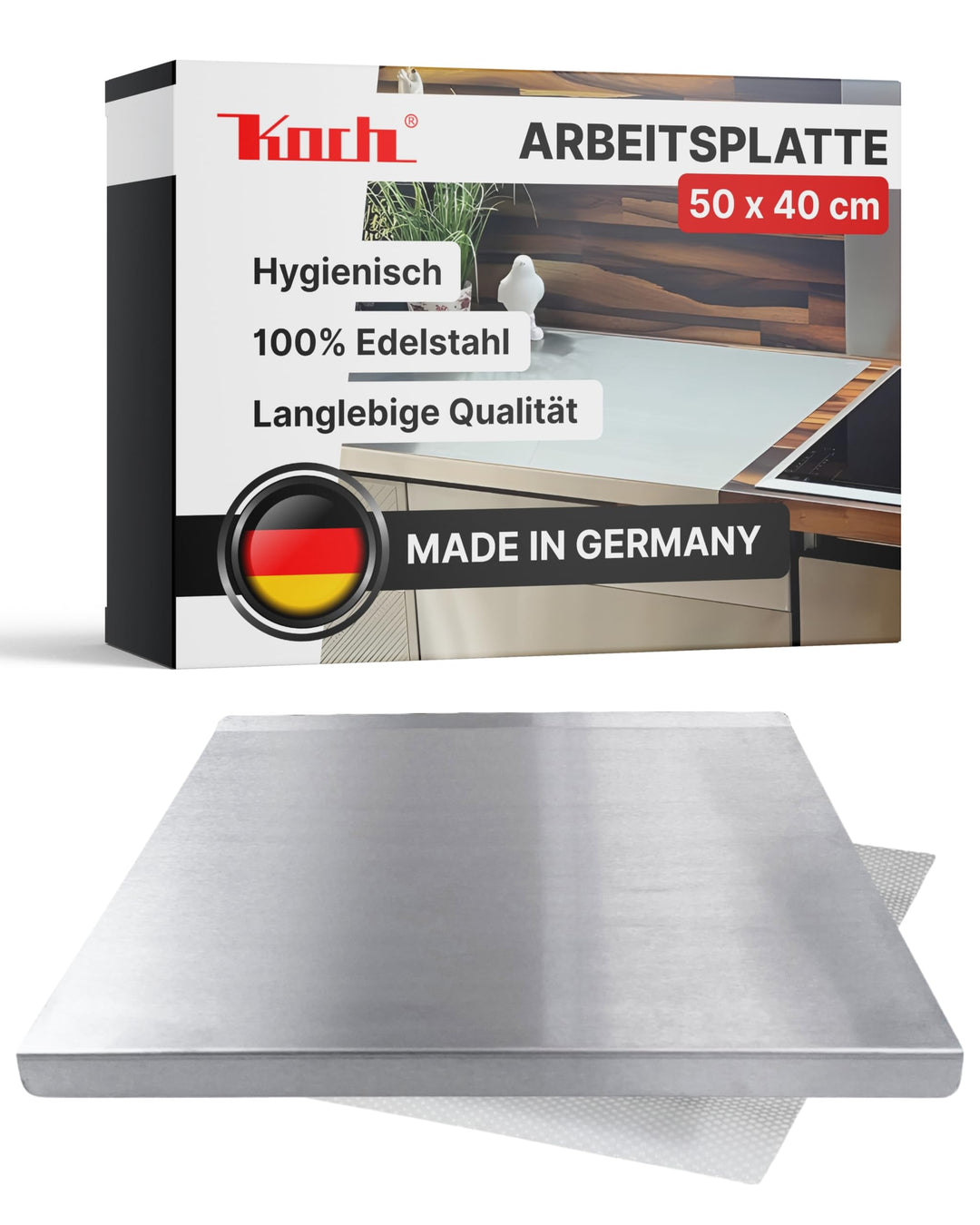 KOCH #68 Edelstahl Schneidebrett satinierte Oberfläche 50 x 40cm MIT hinterer Kantung - Hygiene Arbe
