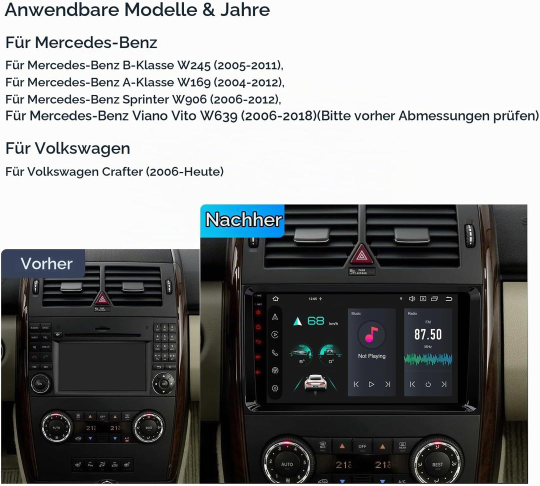 XTRONS Android 14 Autoradio DAB Plus für Mercedes-Benz W169 W245 Sprinter Viano für VW Crafter, 9 Zo
