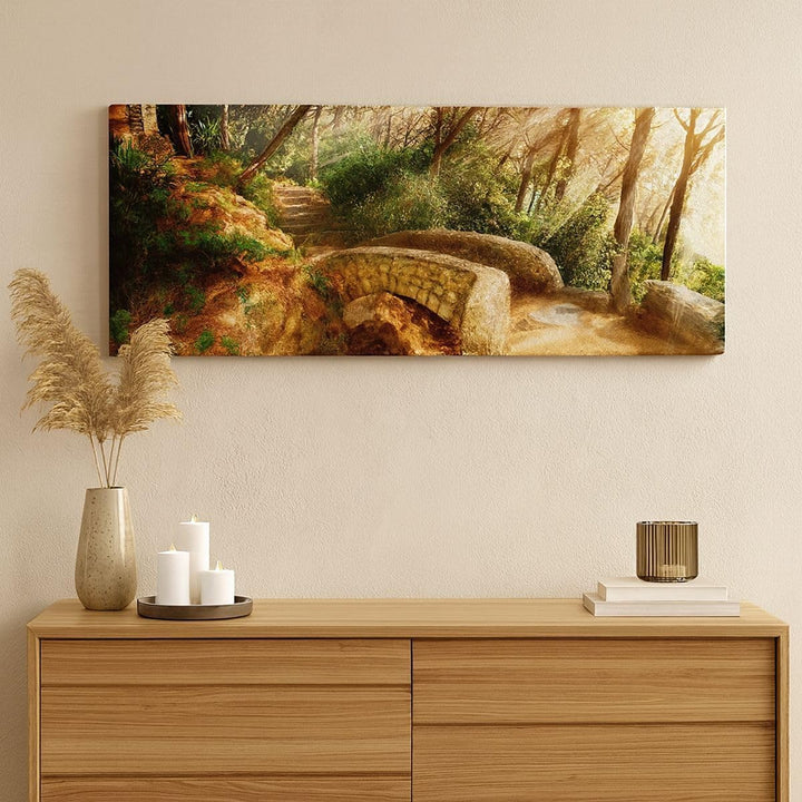 Wandbilder Dekoration Wohnzimmer Pfad Steinbrücke Wald Herbst Panorama Bilder auf Leinwand 120x50cm