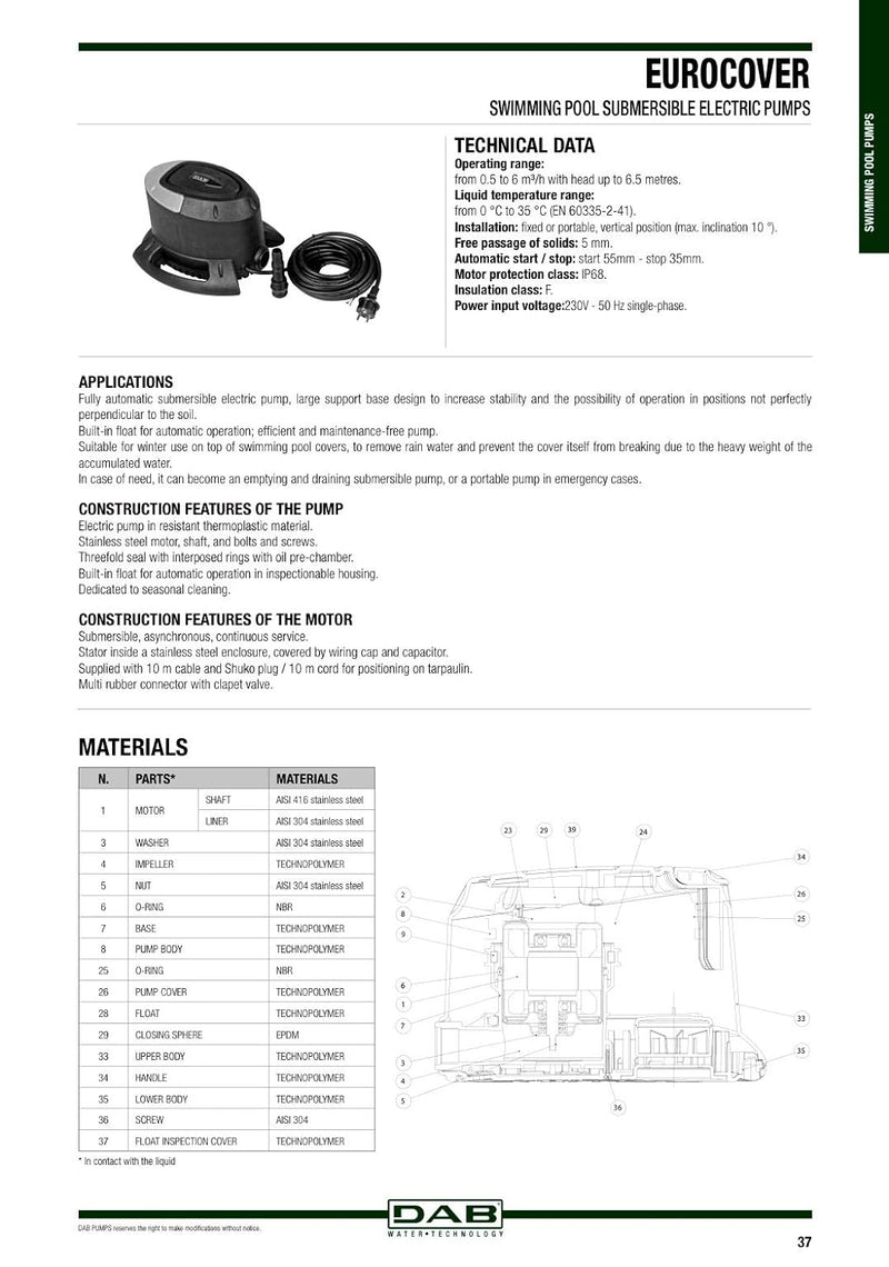 DAB Eurocover Pumpe für Pools