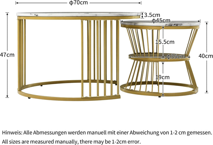 Merax Runder Couchtisch 2er Set, Moderne Beistelltisch mit Hochglanz Marmorstruktur für Wohnzimmer,