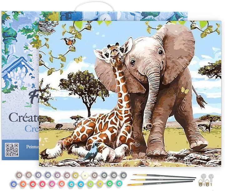 Figured'Art Malen Nach Zahlen Erwachsene Mit Rahmen Elefant und Giraffe - Paint by Numbers Basteln D