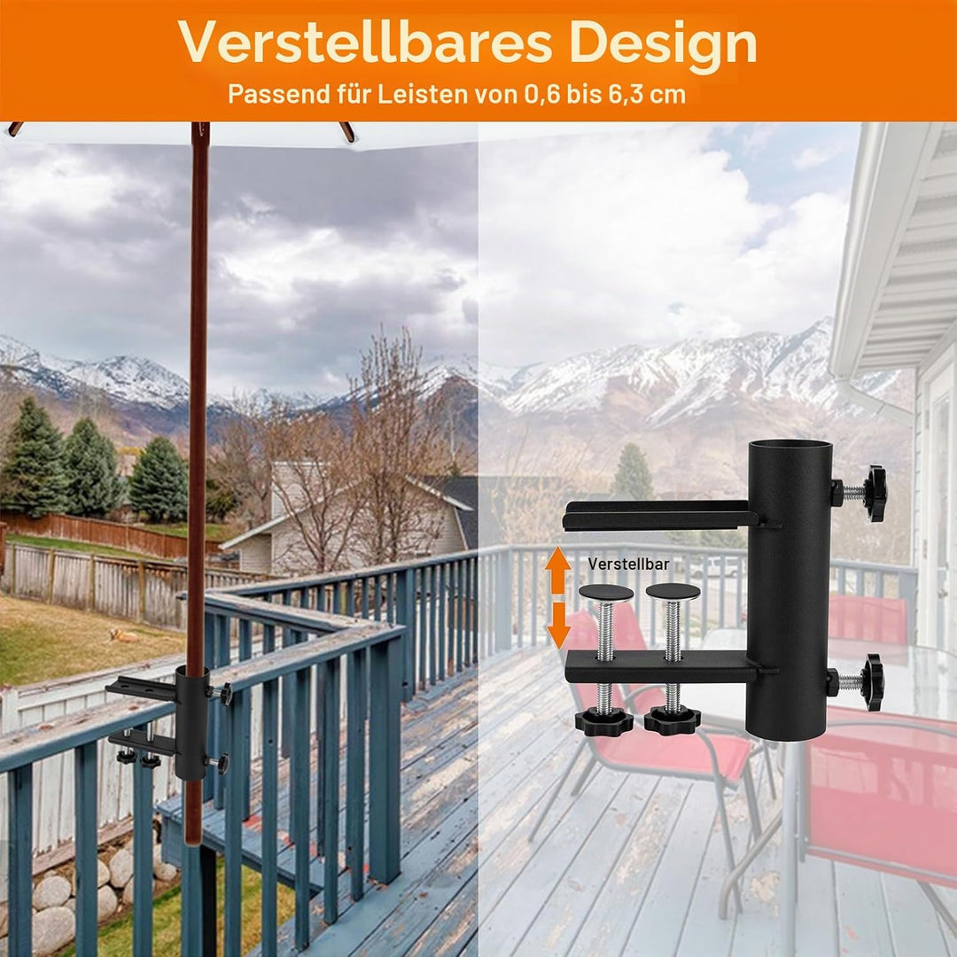 VANROUG Sonnenschirmständer für eckige Balkongeländer(15 mm - 63 mm), Schirmdurchmesser (23 mm - 38