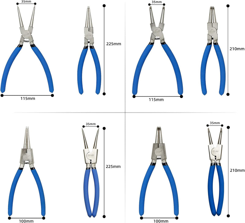 CCLIFE 4tlg Sprengringzangen Seegeringzange Set 225mm Zange Gerade & Gebogen für Sicherungsring Inne