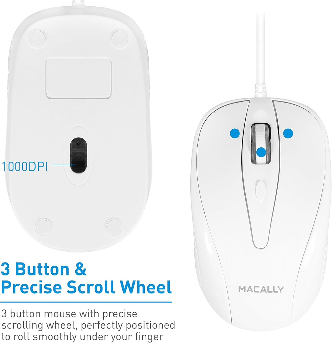 Macally UCTURBO, MacBook Maus USB C, optisch mit Kabel, Mouse für USB-C Notebook und Laptop, weiss /