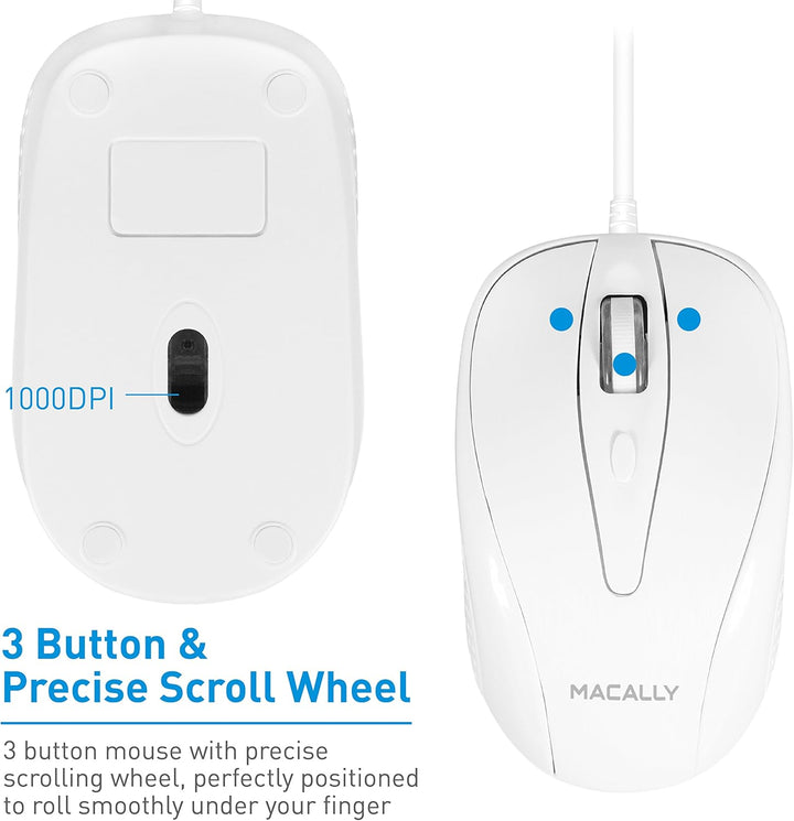 Macally UCTURBO, MacBook Maus USB C, optisch mit Kabel, Mouse für USB-C Notebook und Laptop, weiss /