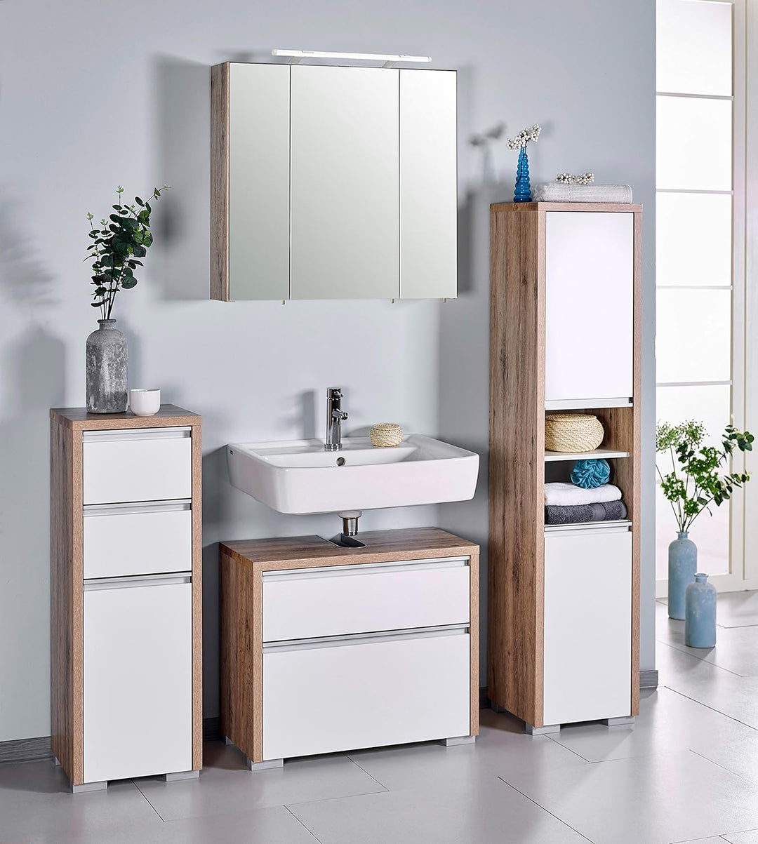 Schildmeyer Bello Midischrank 138176, wildeiche Dekor/weiss glanz, 34,5 / 33 / 97 cm Wildeiche Dekor