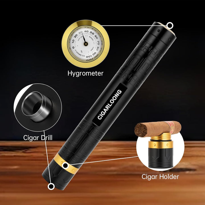 Zigarrenetui 3-in-1 Edelstahl Zigarrenrohr mit Hygrometer, Zigarrenpunsch und Zigarrenhalter, langle