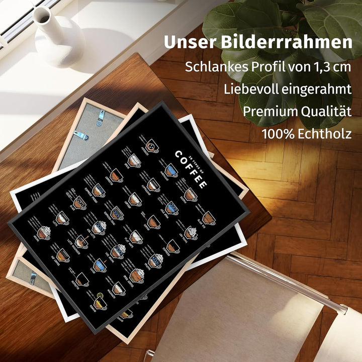 JUNOMI® Kaffee Poster A2 mit Rahmen Holz Schwarz, 28 Types of Coffee, Perfekte Kaffee Küchen Deko mi