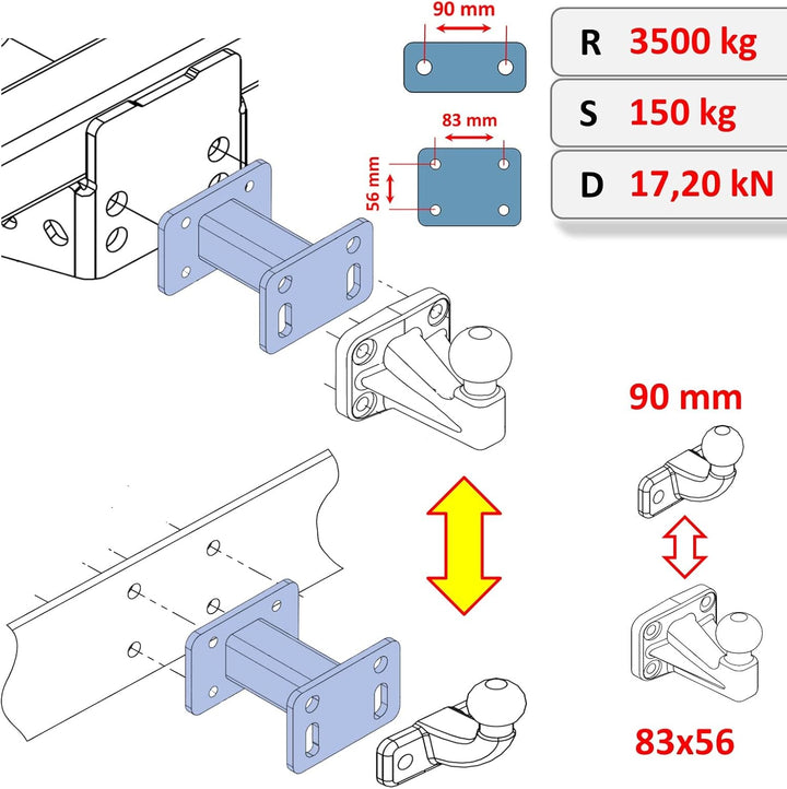 XIMPLIO Adapter Verlängerung Hakenverlängerung für Flanschkugel Anhängerkupplung AHK mit ABE (125 mm