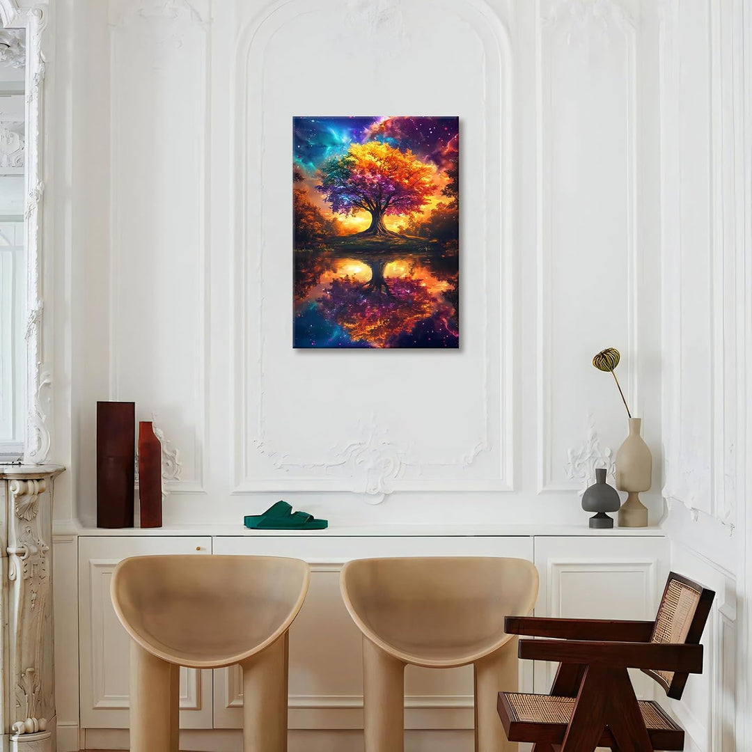 Bunte Baum Spiegelungen Leinwand Bilder mit Rahmen Farbenfroher Baum Des Lebens Wandbilder Abstrakte