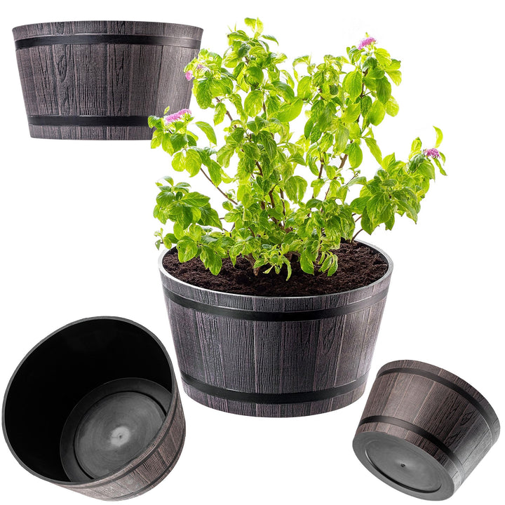 KADAX Pflanztopf im Holzfass-Design, ø 40cm, aus wetterfestem Kunststoff, für Garten, Terrasse & Bal