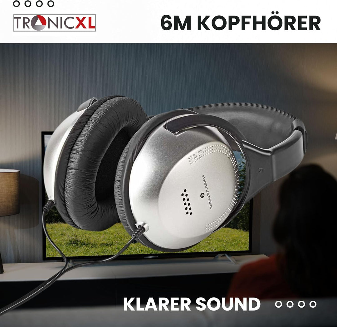TronicXL Fernsehkopfhörer Kopfbügel Kopfhörer I 6m langes Kabel I Stereo TV Fernseh Headphones Ferns