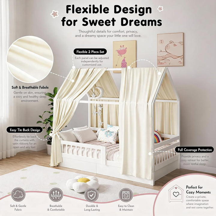 Hausbett Himmel Set, 2 Stück Betthimmel Hausbett, Leichter Atmbar Baumwoll Himmelbett Vorhängemit, M