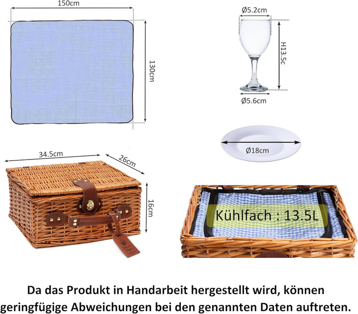 Picknickkorb für 2 Personen, Weidenkorb mit isoliertem Kühlfach, Picknickdecke, Schieferbrett, Tasch