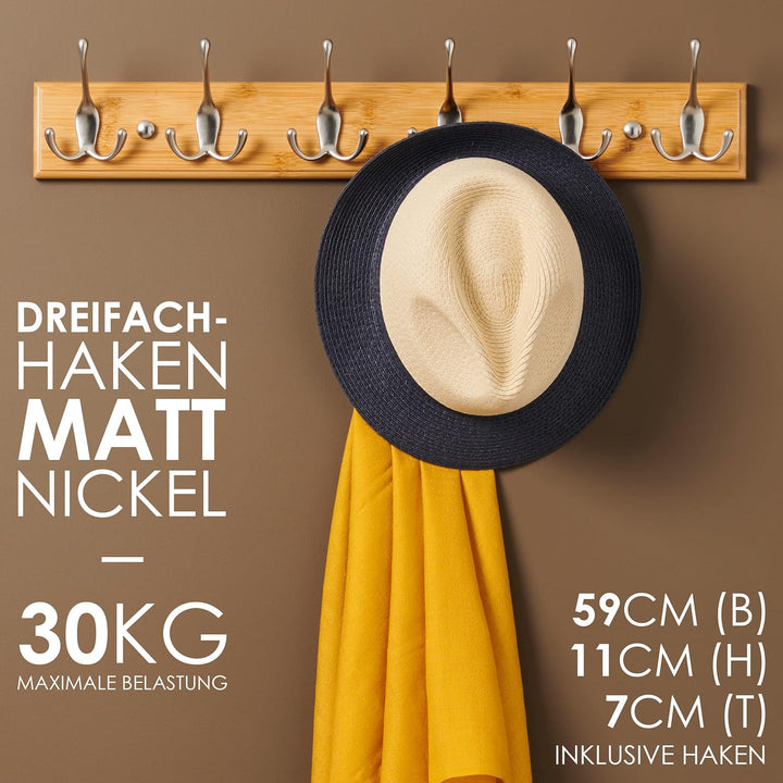 LARHN Garderobenhaken Holz - Garderobenleiste Holz mit 6 Haken in Nickel Matt - 59 cm - Kleiderhaken