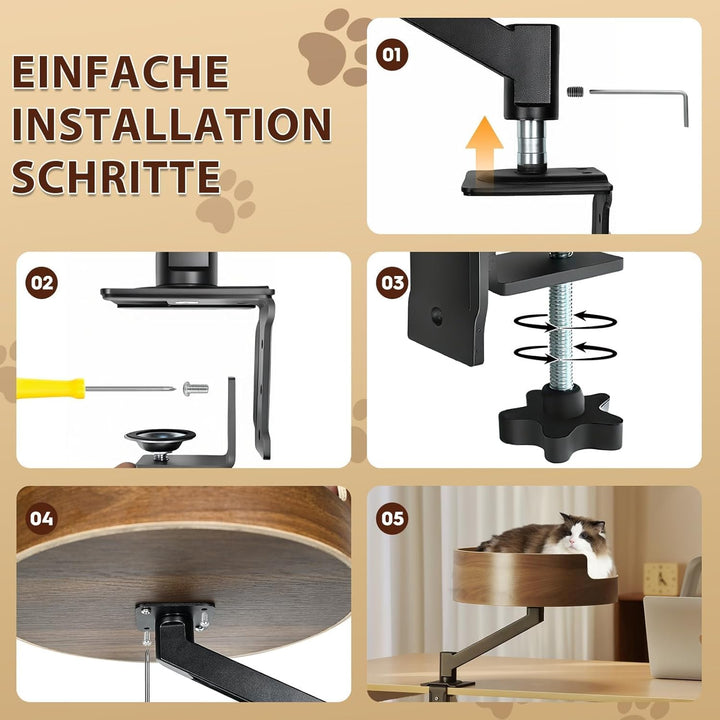 Katzenbett für Schreibtisch mit Haustiermatte,Höhenverstellbares Katzenbett,360° Drehbarer, unterstü