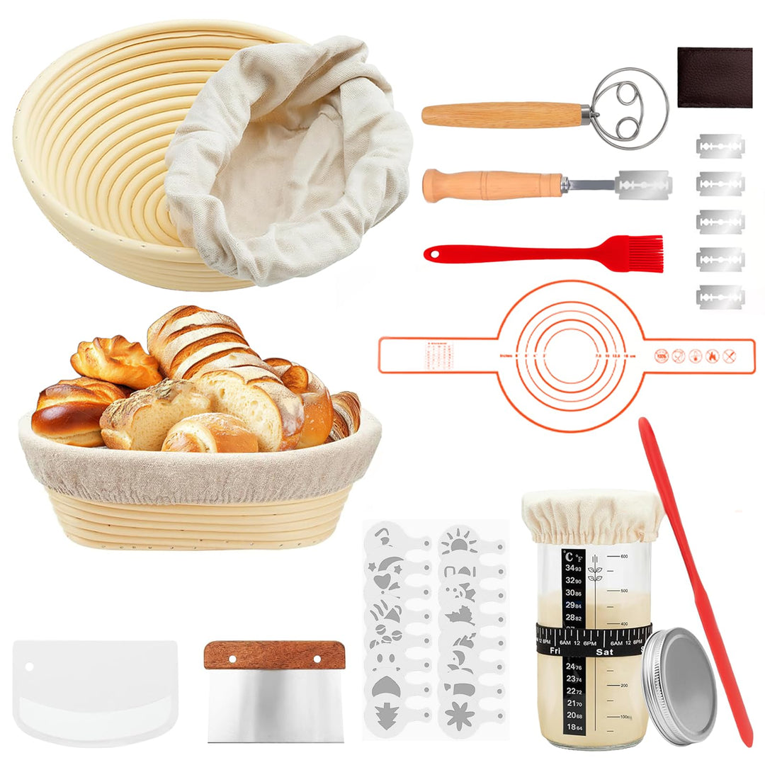Foonary Gärkörbchen Sauerteig Starter Set 12-teilig-Sauerteig Starter Kit mit 2 Gärkörbchen (23+25cm