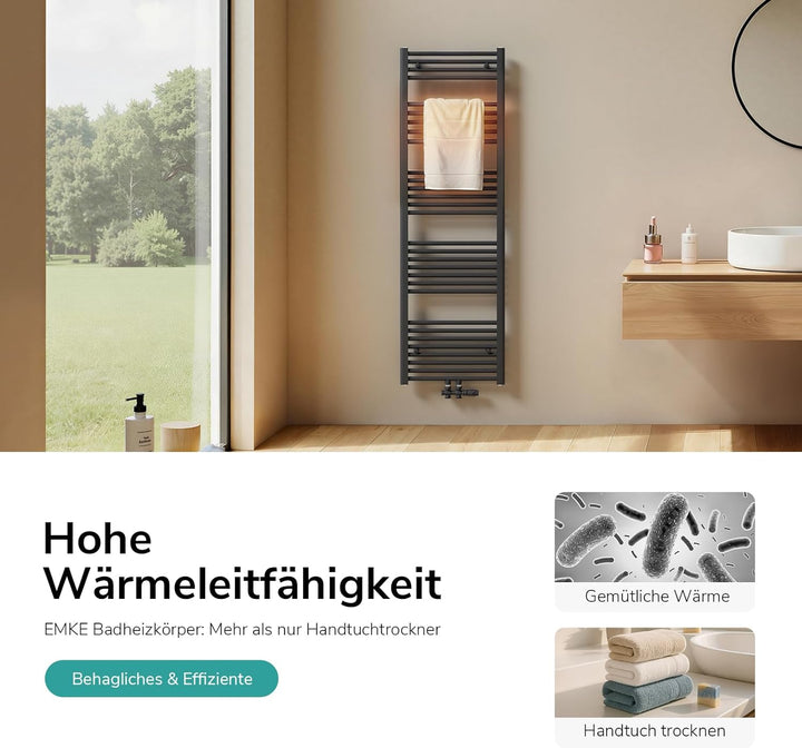 EMKE Badheizkörper Handtuchtrockner, Handtuchwärmer 500x1200mm 513 Watt Anthrazit Handtuchheizkörper