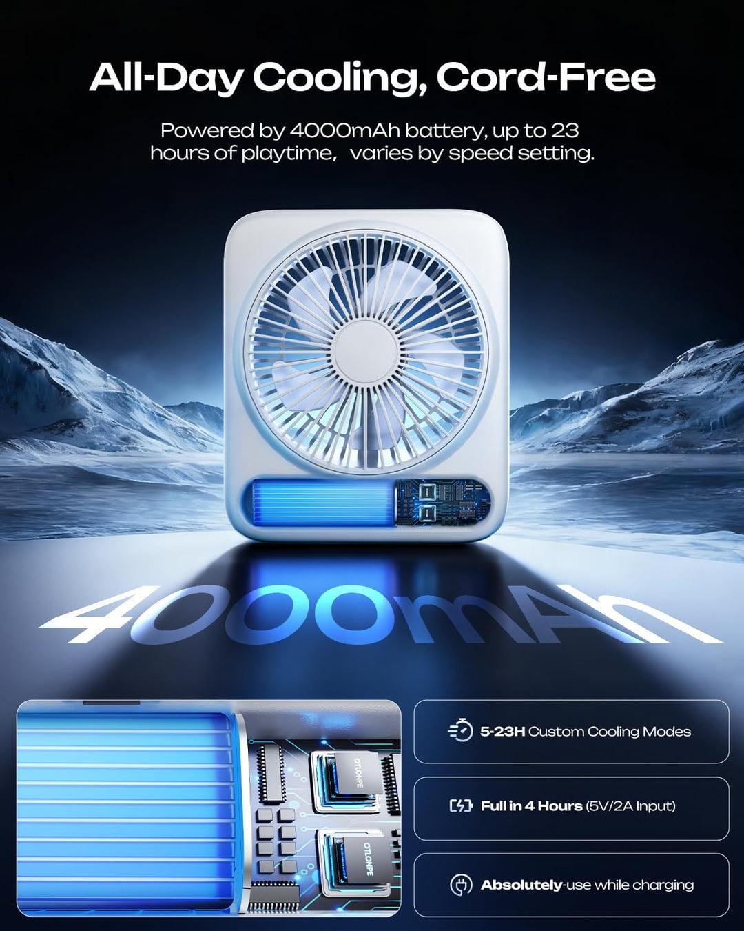 Otlonpe Tischventilator Leise, 4000mAh Akku Tisch Ventilator Tragbar, 4-Speed Tischventilatoren Klei