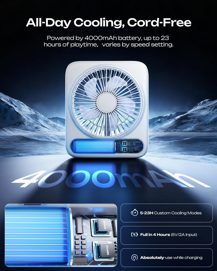 Otlonpe Tischventilator Leise, 4000mAh Akku Tisch Ventilator Tragbar, 4-Speed Tischventilatoren Klei