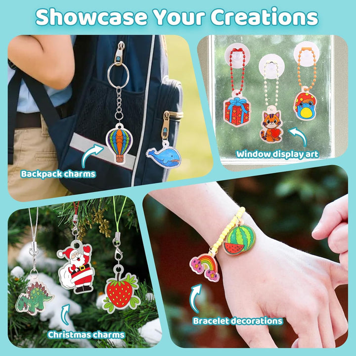 Funtopia Schrumpffolie Bastelset für Kinder, 75 Vorgeschnittene Designs in 12 Themen, mit Schlüssela