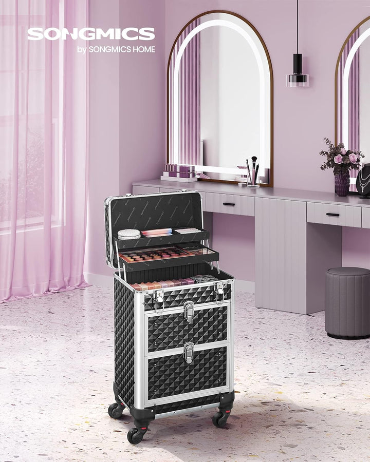 SONGMICS Kosmetikkoffer Trolley, professioneller Schminkkoffer, Friseurkoffer mit 4 abnehmbaren Univ