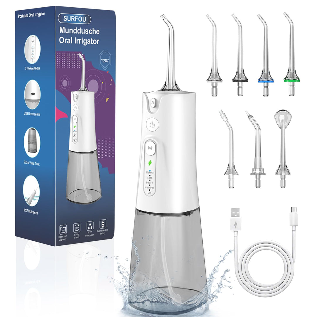 SURFOU Munddusche Kabellos Mundduschen 230ML 5 Modi 7 Düsen, Mundduschen Reise Water Flosser IPX7 Wa