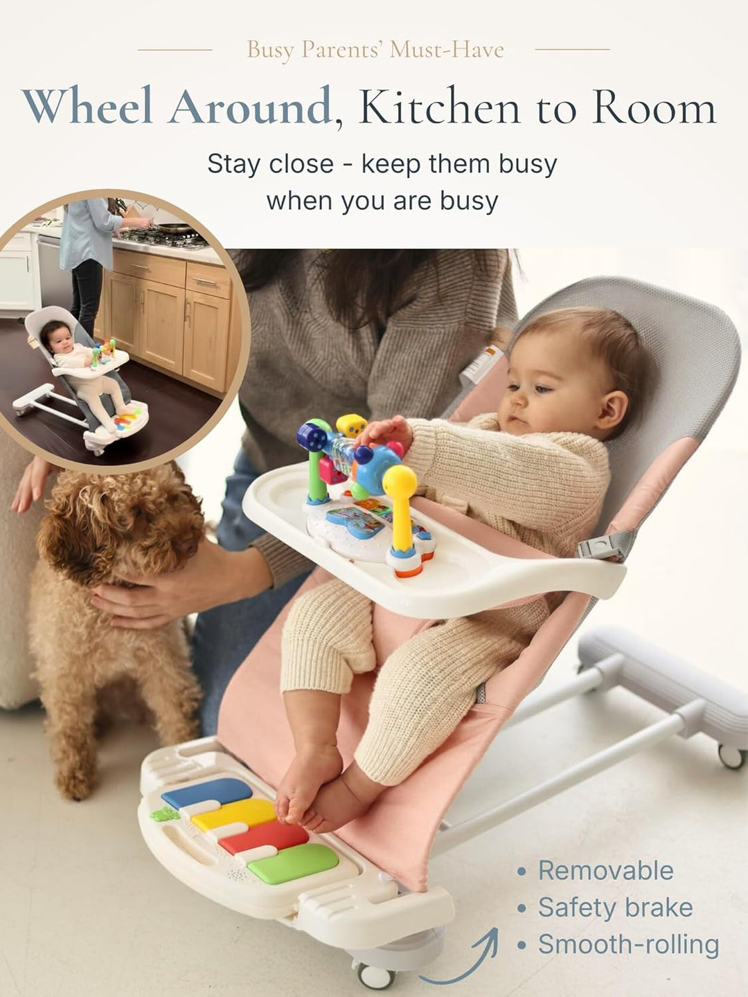 CuddoBaby 4-in-1 Babywippe mit Rädern, abnehmbares Klavier &amp; Futtertablett, 3-stufig verstellbarer k