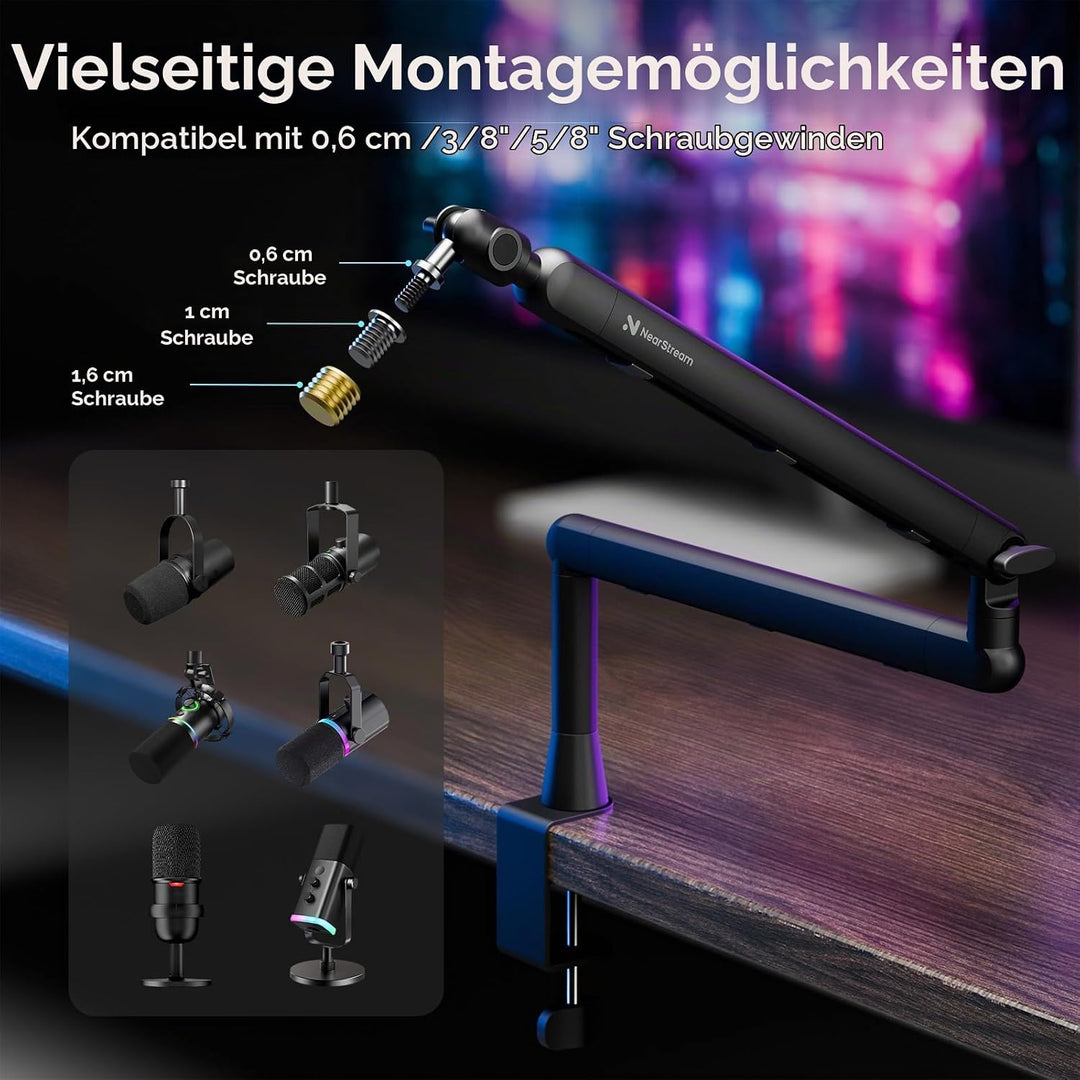 NearStream Mikrofonständer mit 360° drehbarem Schwenkarm, optionale Erhöhung und 3/8 bis 5/8 Adapter