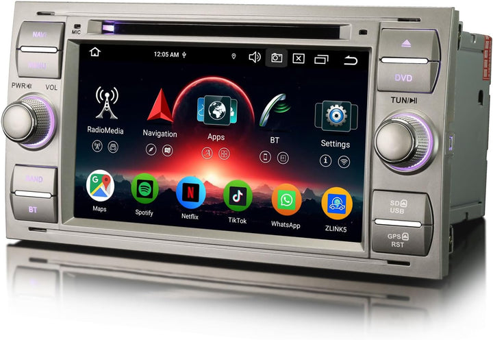 Erisin Qualcomm 8-Kern 4GB+64GB Android 14 Autoradio mit CD Player für Ford Focus Fiesta C-Max S-Max