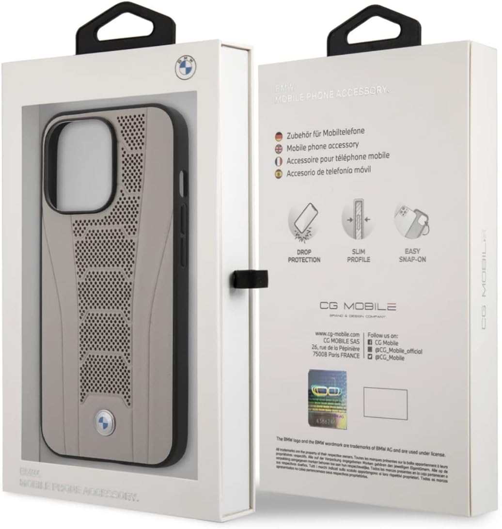 BMW Handyhülle für iPhone 13 Pro in Beige mit perforierten geprägten Linien, Echtleder Schutzhülle &