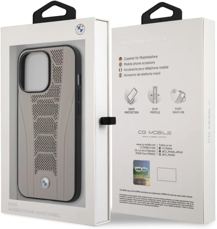 BMW Handyhülle für iPhone 13 Pro in Beige mit perforierten geprägten Linien, Echtleder Schutzhülle &