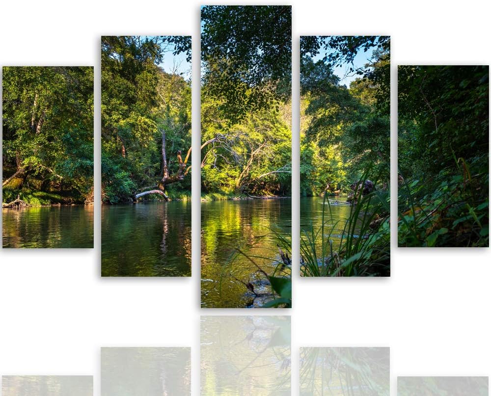 Feeby Bild auf Leinwand Landschaft 5 Teilig Modern Wald Bäume Wasser grün 150x100 cm Leinwandbild 15