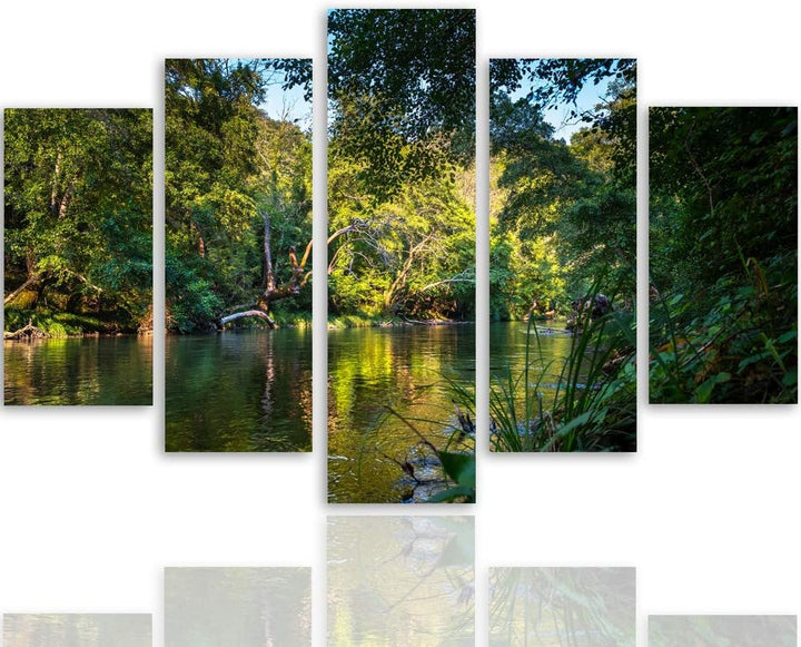 Feeby Bild auf Leinwand Landschaft 5 Teilig Modern Wald Bäume Wasser grün 150x100 cm Leinwandbild 15