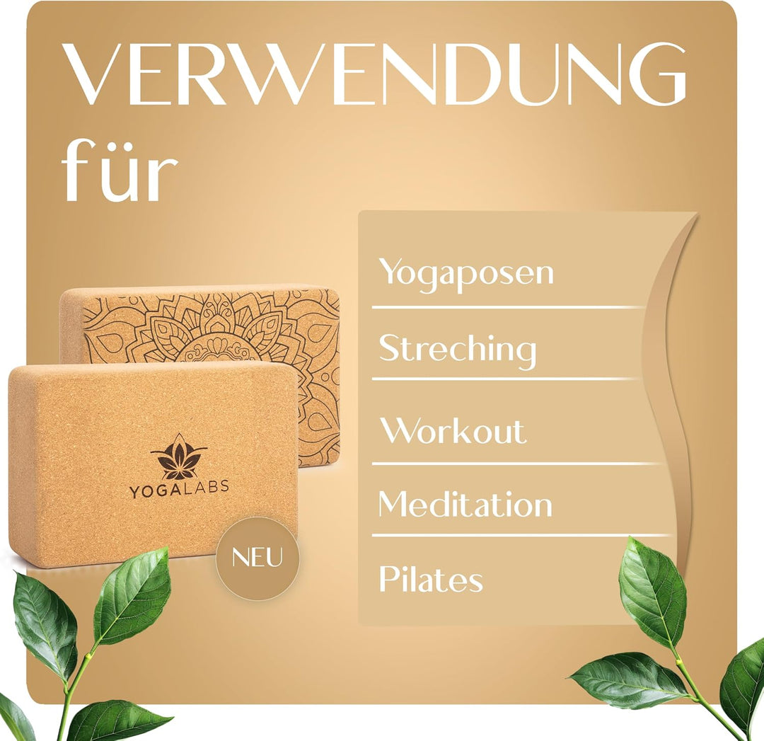 YOGALABS® Premium Yoga Block Set (22,5x15,0x7,5) aus nachhaltigem Natur-Kork hautfreundlich - Yogabl