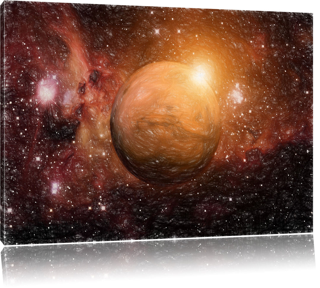 Pixxprint Planet Mars im Universum Kunst Buntstift Effekt, Format: 100x70 auf Leinwand, 100x70