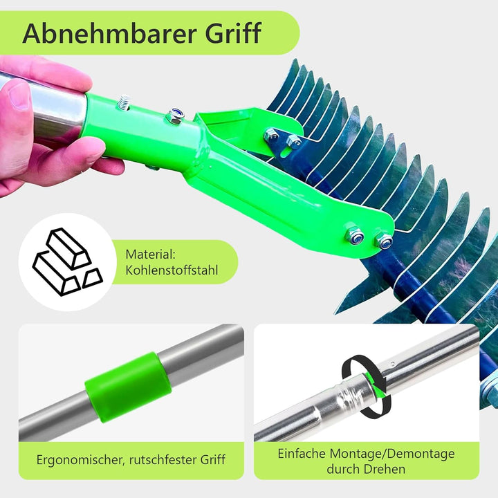 Laubrechen Verstellbar, Vertikutierer Rechen mit 1.3m Langem Stiel, 2-in-1 Unkrautrechen und Vertiku