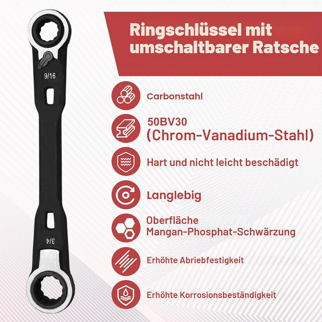 4-in-1 Umkehrbarer Ratschenschlüssel-Set SAE 9/16" 5/8" 11/16" 3/4" Doppel-Ringschlüssel-Set Ratsche
