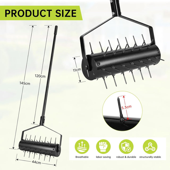 Rasenbelüfter Manuell Rollender Aerifizierer 44 x 141cm Handvertikutierer mit 39 Nägeln (5,8cm) und