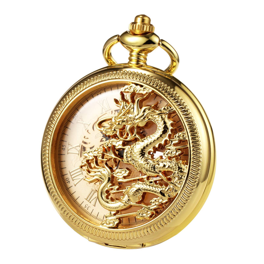 TREEWETO Unisex Taschenuhr mit Kette Analog Handaufzug Mechanisch Antik Drache Skelett Für Herren Da