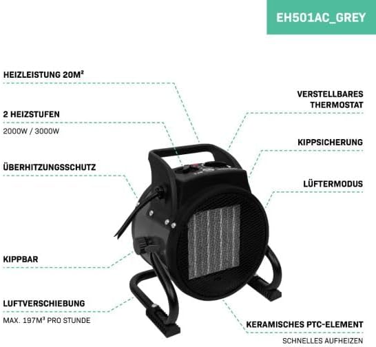 VONROC Elektrischer Heizlüfter - 6000 W/9000 W - Keramik | Dreiphasenleistung 400 V (Grün, 3000W) (G