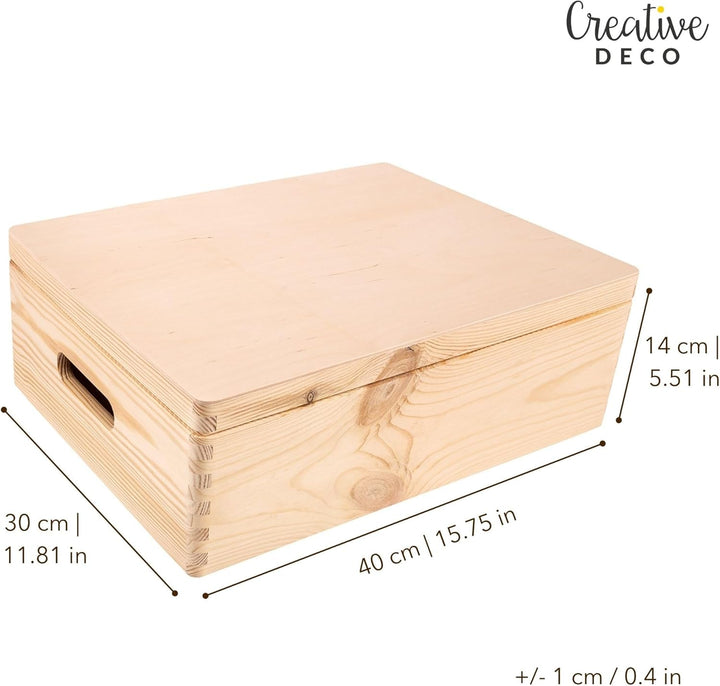 Creative Deco XL Grosse Holzkiste mit Deckel | 40 x 30 x 14 cm (+/-1cm) | Erinnerungsbox Baby Ostern