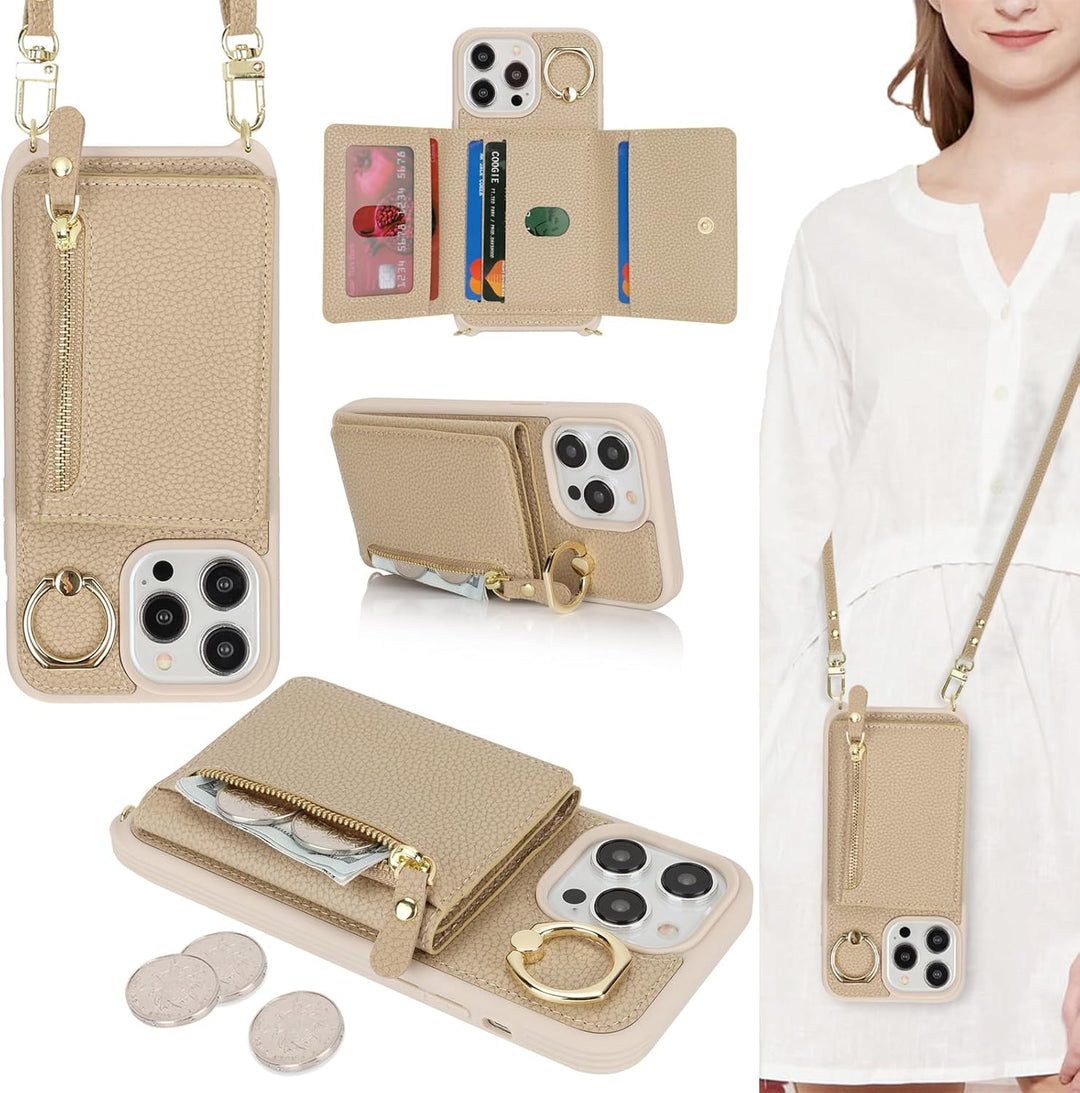 ELTEKER Handyhülle für iPhone 15 Pro Max Hülle mit Band Kartenfach Handykette Ringhalterung Geldbörs