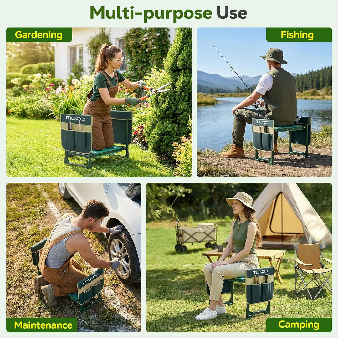 MoKo kniebank für Gartenarbeit, 350 lbs Klapphocker mit 2 Werkzeugtaschen | 2-in-1-gartenhocker klap